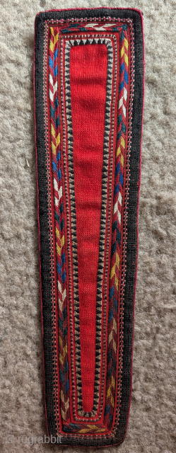 Tekke Turkmen embroidered panel measuring about 3"x11", perhaps some sort of clothing applique or part of a sheath? Fine work, vivid natural color.          