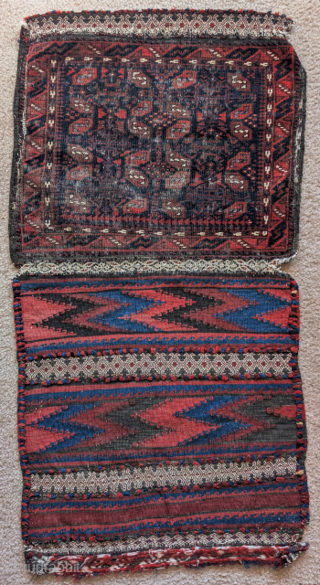 Complete Timuri Baluh bag (one half of a Khorjin) with a fantastic flat-woven back. The bag face has copious highlights using white cotton and cochineal silk pile.      