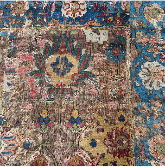 An early (Jufti knotted type) Herat / Khorasan pastiche carpet, reduced in length. Safavid era, circa 1600. A later version of this design type may be Found in Burns 'Visions of Nature:  ...