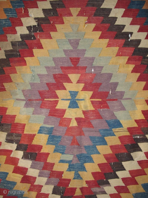 Turkish eye-dazzler Kilim, perhaps western Anatolian or Monastir. Complete piece with purple, green, two oranges, red and yellow. (46"x82" 117x208cm)             