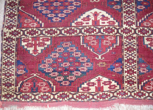 Kizyl Ayak or Choob Bash Turkmen Main Carpet. Small format with compartments and Ertmen gul variants. Nicely drawn animal protomes in several colors. Fine weave, complete but with areas of wear and  ...