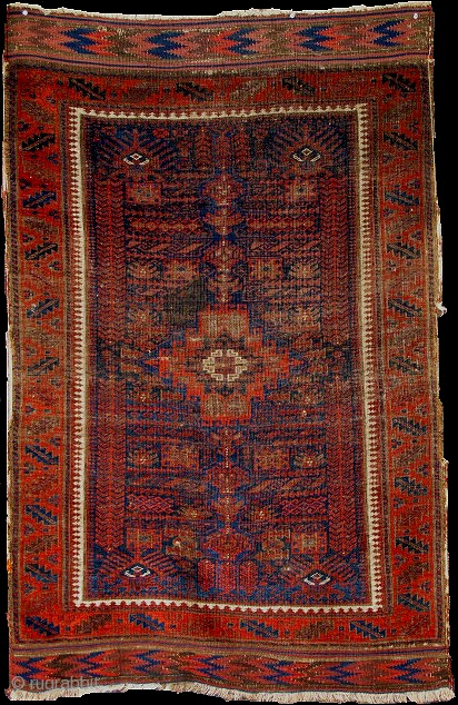 Double Tree 19th Khorosan Baluch. Perhaps based on reduction and adaptation of earlier garden carpet design. Central medallion with zig-zag kilim, all good colors with poly-chromatic blues. Small stain in medallion. I  ...