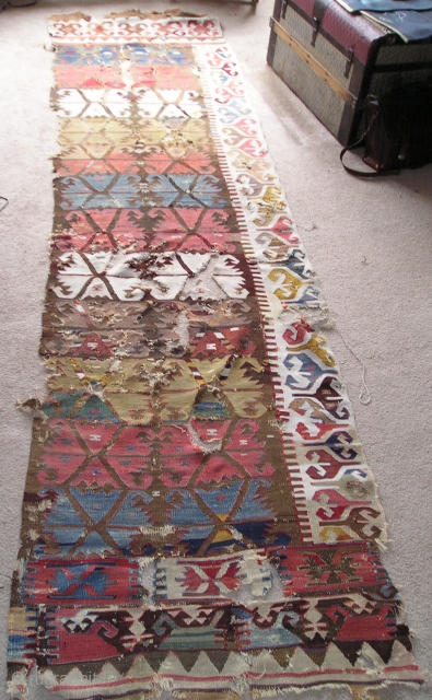 Anatolian Kilim Half, many colors, much wear, cotton and wool white, 4 browns (dyed and natural) madder reds, insect red, 2 pinks, apricot,at least 2 oranges, bold yellows, pistachio green, true green,  ...