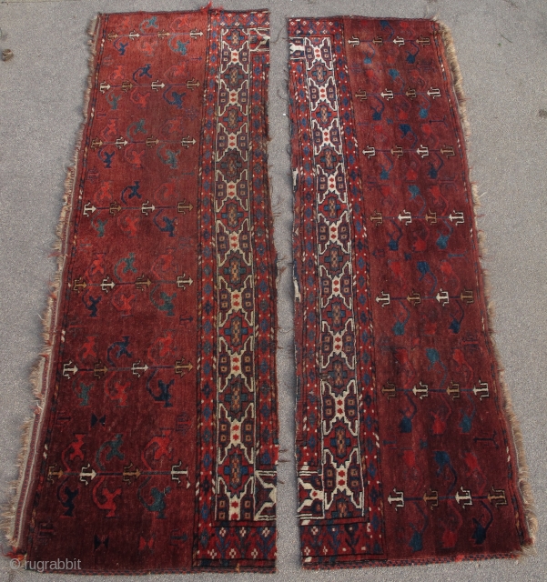 These fragments are the two elem panels of what must have been a great and early Abdal,  Yomut sub-group main carpet. Fantastic color and sophisticated almost curvilinear drawing.    