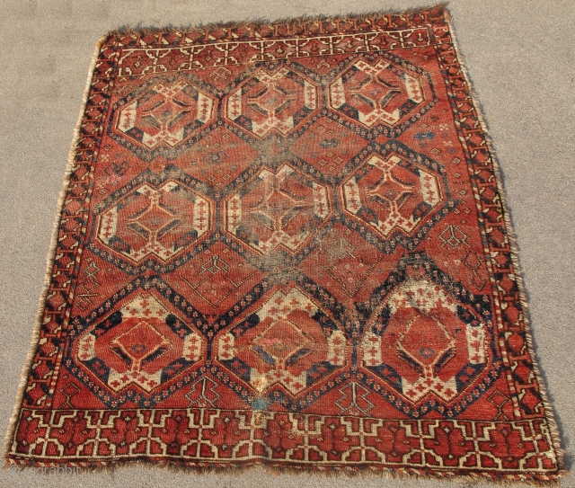 Ersari or some other Middle Amu Darya area Turkmen rug with an ikat derived design. Former David Rueben piece published in "Gols and Guls" as a possible ensi. Worn but intriguing.  