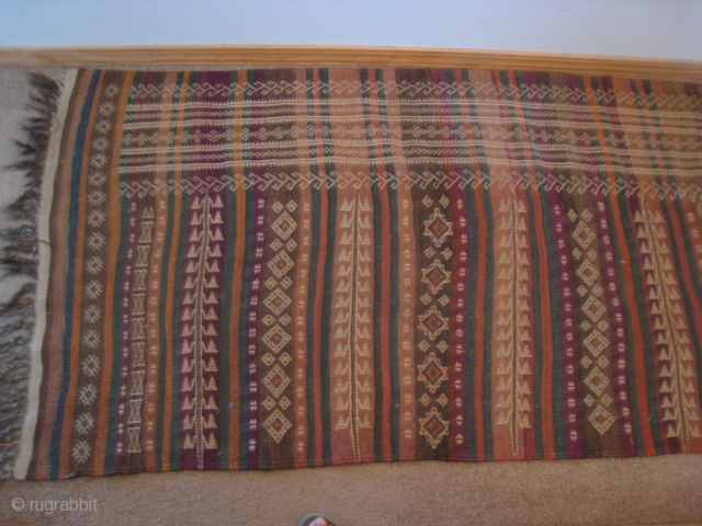 Afghan flat weave runner.  88 x 34 inches.  Excellent condition.  Purchased in Kalabagh (Pakistan) refugee camp in 1989.  Fringe on both ends uneven.      