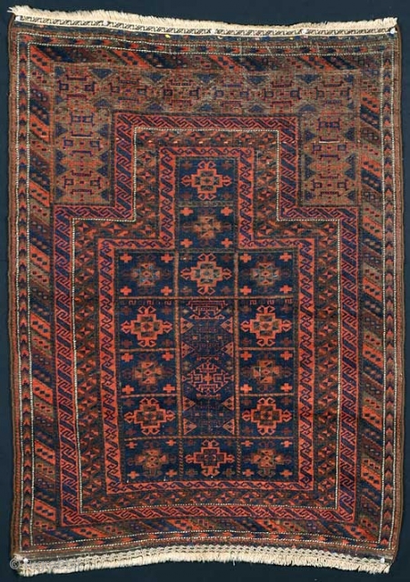 Baluch Blue Ground Prayer Rug
19th Century
wool with silk highlights
47 1/2 x 33 inches
approximately 126 KPSI
inventory #1450                 