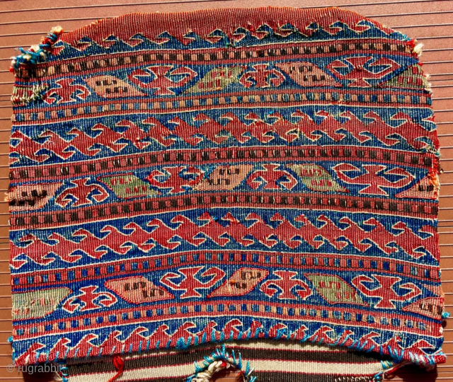 An Antique Anatolian kilim Heybe (double bag), probably from western Anatolia.  Size overall is 51 inches (130 cm) long by 18 (46 cm) inches wide. Each bag is about 14 x  ...