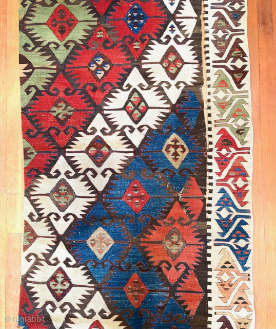 Antique Anatolian Kilim fragment.  34 inches wide, 96 inches long (86 cm x 244 cm).  Bold design, bright natural colors.  Small areas of wear to black (apparently corrosive black  ...