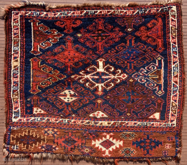 Veramin khorjin face.  24” x 27” (61 cm x 69 cm).  
Pile wool is virtually unworn, very soft and fine.  Handle is very supple.  Saturated colors, all from  ...