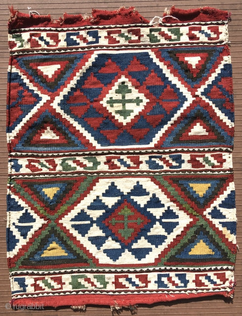 AN AZERI KILIM MAFRASH END PANEL. The white is cotton, which really punches up the contrast.  It is 21” x 27”.  Good colors.  A bit of trauma along the  ...