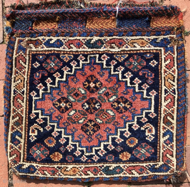 Southwest Persian Bag, most likely Luri. 16” x 17” (41 cm x 43 cm).,  Pile face, complex brocade design on back, and brocade decorated closure panels.  Beautiful colors, good pile,  ...