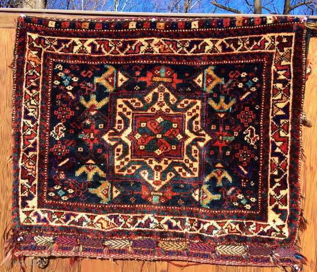 S. W. Persian Khamseh Confederacy bag (half khorjin).    Pile face is 23” x 28” (59 cm x 71 cm).  ,  Glossy ,soft pile all over, except for  ...