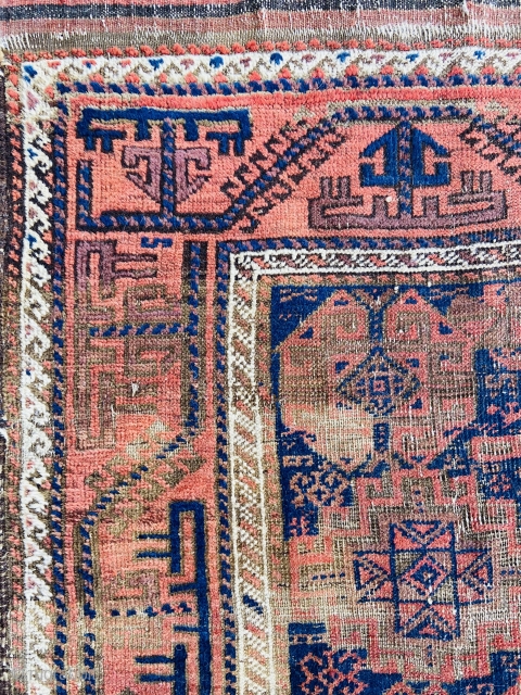 Baluch - about 3.3 x 5.8 inc Kilim ends.  As found with oxidation and wear.  Nicely executed turkman “boat” border.           