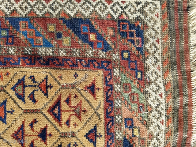 Baluch - about 31" x 56".  Camel field and colorful.  evenly worn.                   