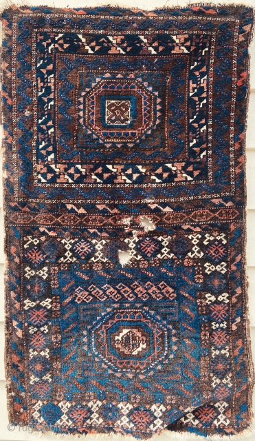 Baluch - about 17” x 31”.  Cool format, shiny wool.  As found condition.                  