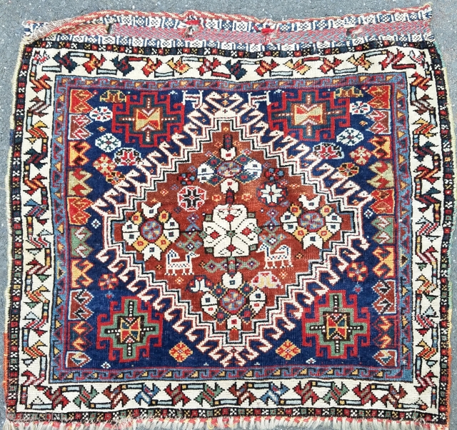 Qash'qai bagface - about 22" × 22". Nice weave, red weft, good pile, original, combination synthetic and natural dyes, no bleeding, crisp drawing.          