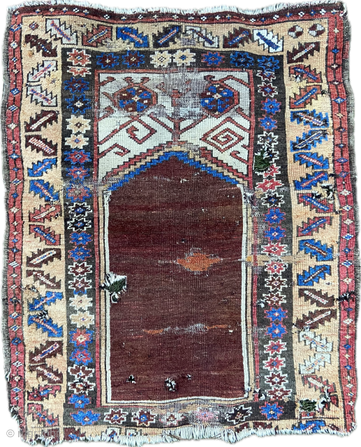 Old Anatolian prayer rug ‘as found’ condition with several holes, old flat stitch repair, unravelling etc. My contact: rmartin4155@gmail.com              