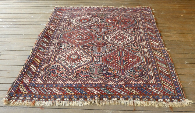 ANTIQUE KHAMSEH TRIBAL RUG 1900 to 1920
SIZE: 2.0m x 1.56m (6ft 6.8 inches x 5ft 1.5 inches)
Excellent Vibrant Vegetable Dyes.
In my opinion this rug is in a Little Over Average Condition for  ...