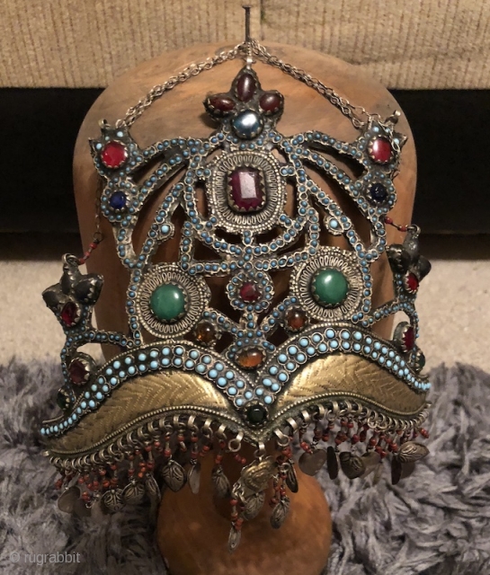 Beautiful Antique Central Asian (Samarkand Region) Uzbek silver crown with Turquoise, special stones, and coral. Perfect condition.                