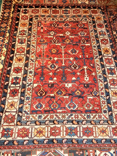 Here is a late 19th century eastern caucasian rug that has a design much more interesting than those that are older and more highly regarded .  Some collectors say only 170  ...