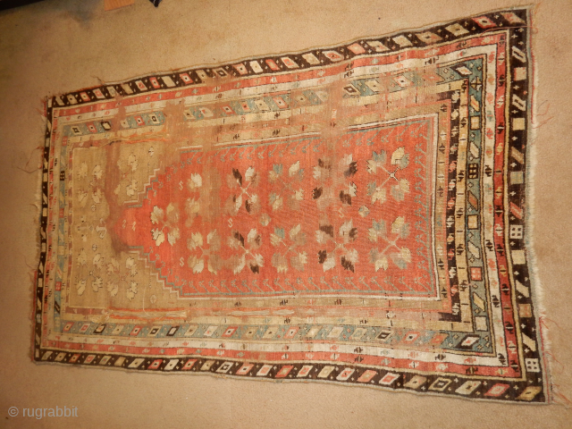 OLD ANATOLIAN PRAYER RUG WITH DAMAGE BUT SOLID - $200                       