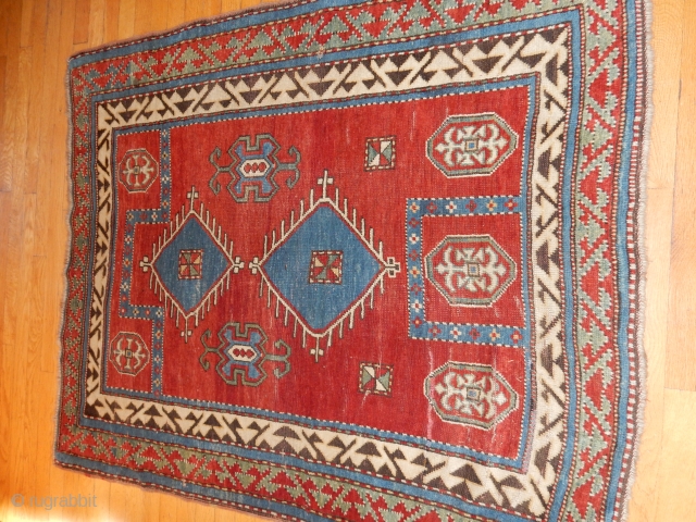 4 FT X 5 FT ANTIQUE BORDJALOU KAZAK IN SUPERB NEARLY FULL PILE CONDITION - NO REWEAVING - WONDERFULLY PRESERVED CONDITION            