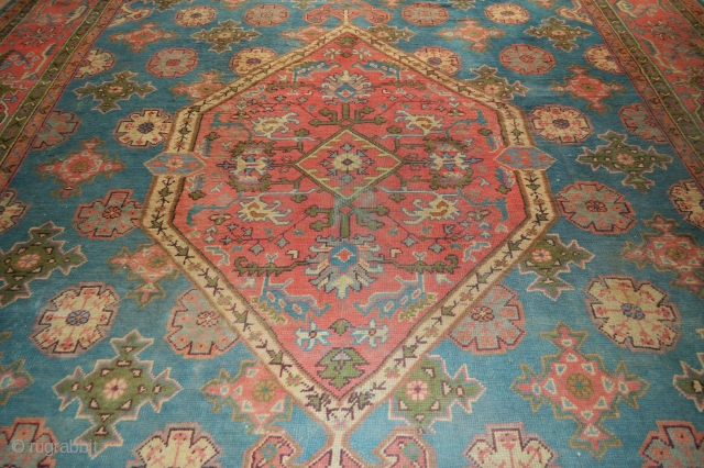 Antique Ushak Carpet 5.30m x 3.70m (17' 5" x 12' 2") with evenly-low pile all over - very acceptable floor condition. Recently acquired from a UK country house in Gloucestershire.   