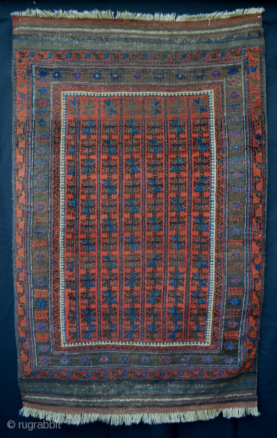 Found recently in an old English country house, this charming small Baluch rug has an unusual inner-field border piled in natural camel-hair and not ivory wool as is more the norm. The  ...