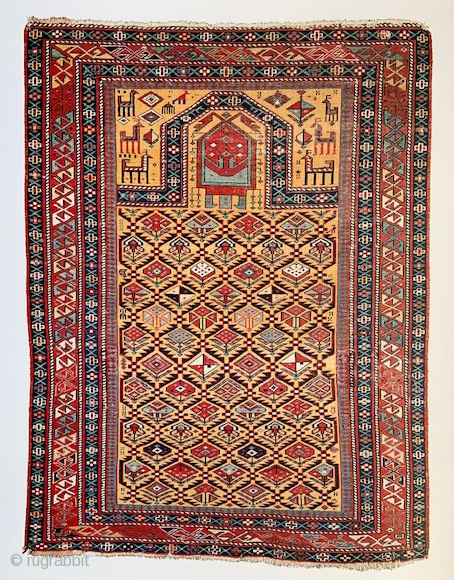 Magnificent 19th century golden-yellow ground Shirvan prayer-rug. 
1.42 x 1.06m (4' 8" x 3' 6").                  