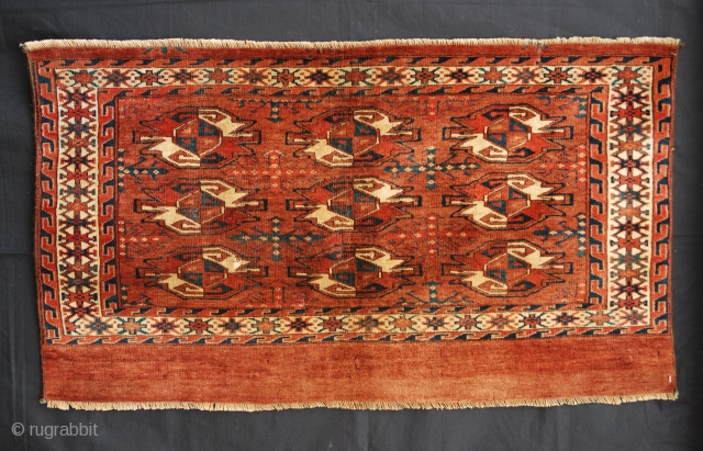 Yomud Turkmen Chuval - 19th century - in very good condition except for small repaired tear and new side-cords. Size: 1.14m x 0.66m (3' 9" x 2' 2").
See other lovely pieces at  ...