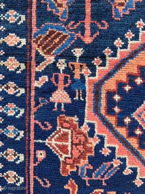 Unusual antique Luri rug of the Hayat Davood region, western Persia, incorporating charming stylized male and female nomads, in very good overall condition.
Size: 2.28 x 1.12m (7' 6" x 3' 8").  