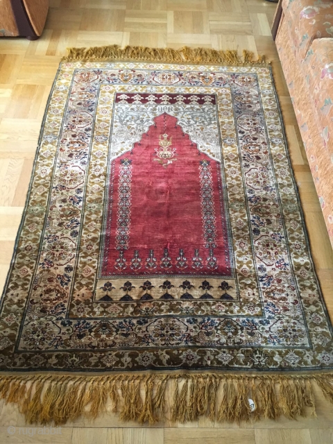 Turkish/Armenian full silk prayer rug, c. 1850-1900, signed in Armenian as "Orp (Orphan)" on top of the mihrab. Probably from Agin(Kemaliye) or Hajin(near Kayseri) Armenian Orphanage of Ottoman Empire. 190cm x 127cm.  ...