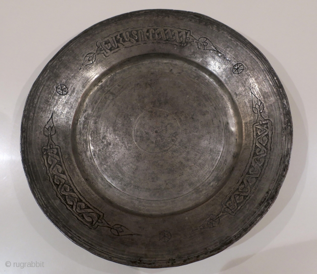 Armenian inscribed tinned copper plate. Early 18th C. D = 26 cms
The inscription indicates the name of the owner :  "Khachadur"
Great condition & patina        