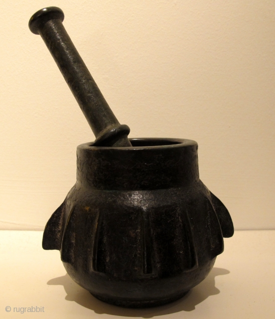 Ottoman Brass Mortar & Pestle. Early 18th C. Height of mortar 10.5 cms. Weight just under 2 kgs. Great patina.             