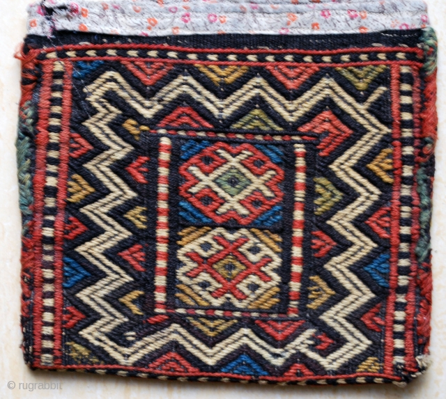 Attractive small chanteh from the village of Laadee, Azerbaijan, NW Persia. Early 20th c. 21 x 20 cm. All wool in weft-float brocade and original fabric secured ends. Good colors, excellent condition.  ...