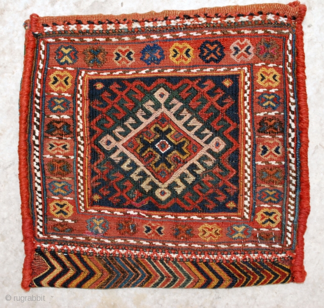 A very fine antique soumak Baghdadi Shahsavan small bag.  All natural colors. 31 x 30 cm. Excellent condition              