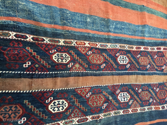 Anatolian cuval with a great central sumakh part. Cm 108x142. Antique enough to have all natural dyes. Could be Konya. Condition with minor issues as from pics.      