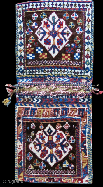 Wonderful Qashqai Gabbeh khorjin or double donkey bag. 
Size is cm 51x124 or 20”x49”. 
Awesome natural saturated colors. Shiny wonderful full pile.
Some camel hair on the beautiful, minimalistic back side. 
In both  ...