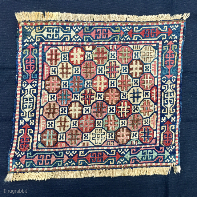 #Hashtag# sumack bag face.
Cm 40x45 ca. Late 19th c.
Shahsavan Sumack bag face.
It has got a very interesting pattern with a lovely graphics. Colors seem to be all natural and age might be  ...