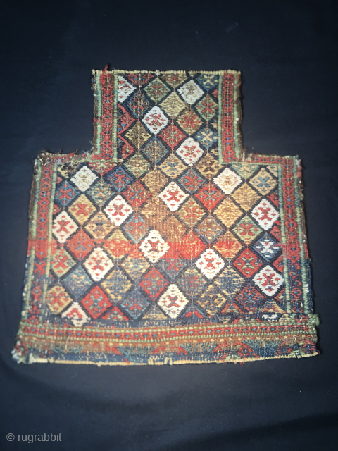 Lovely Shahsavan Sumack namakdan/salt bag face. 
Cm 36x26x38. End 19th c. 
Wonderful colors, wonderful pattern. 
The back side looks like a painting by Jackson Pollock. 
Might need one more wash. 
A beautiful  ...