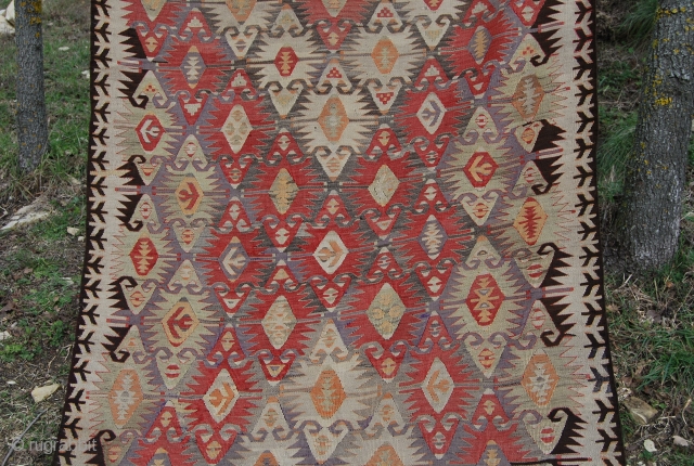 Mut or Yahyali? kilim. Central Anatolia. Cm 360x130 ca. Early 20th century. Lovely, soft texture. Dark brown redone some time ago most probably due to oxidation. Good condition. See more pics on  ...