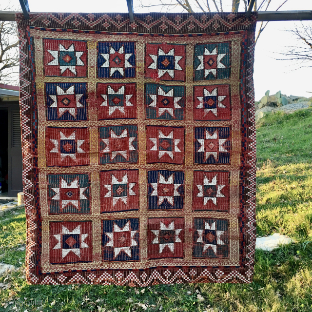 Beautiful Star Fethiye kilim. 
Cm 140x150 ca. Early 20th century. 
Woven in rare Zili technique. 
Natural dyes. 
Mounted on a wonderful “Macchiaioli” canvas for further strength. 
Can be used on both sides.  ...