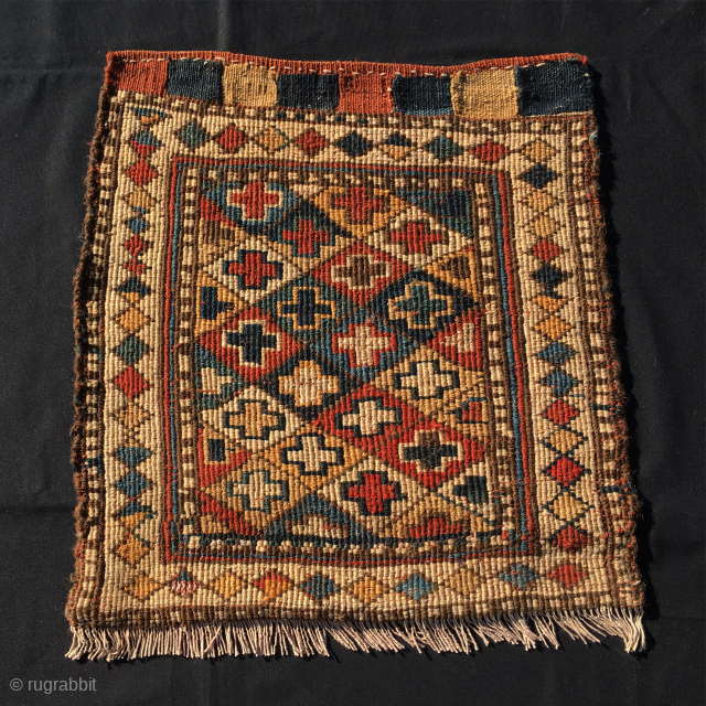 Shahsavan sumack Hashtrud/Miyaneh bag face
CM 46X48
3rd quarter of the 19th century
Diamond lattice with repeating cruciform motif.
Sumack weave with extra weft wrapping.
Great natural colors with all kind of them, from madder reds to  ...