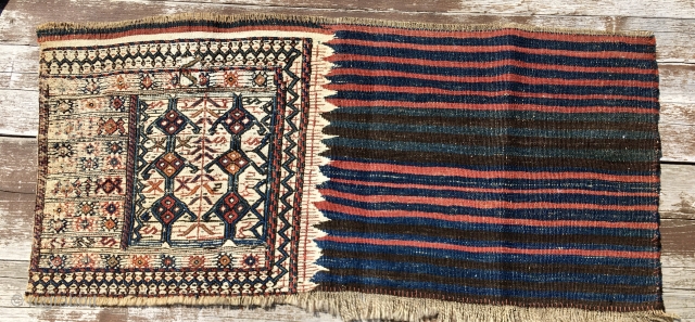 Bakhtiari mafrash fragment. Cm 44x98. Good age, good colors. Two types of weaving. Great graphics. Antique & beautiful. Can be mounted and displayed, or, for ex, used as bedside rug. See it  ...