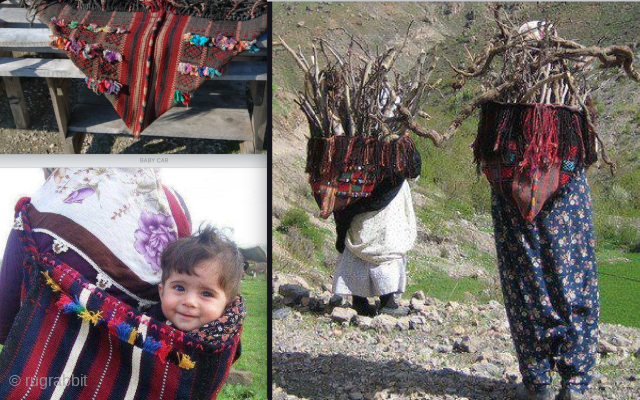 Parzun or baby/all purpose carrier. 
Eastern Anatolia, Van, Hakkari, Siirt..... 
Cm 50x55 closed/bent. Early 20th c. 
Mother used to weave a parzun, a baby carrier adding all kind of amulets, dileks(wishes), coins,  ...