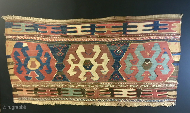 Shahsavan rare design kilim mafrash long panel. 
Cm 50x105 ca. 
Datable 1870/880, if not earlier according to the dyes. 
Great pattern with 3 big medallions, top and bottom lovely finger strips. 
Note  ...
