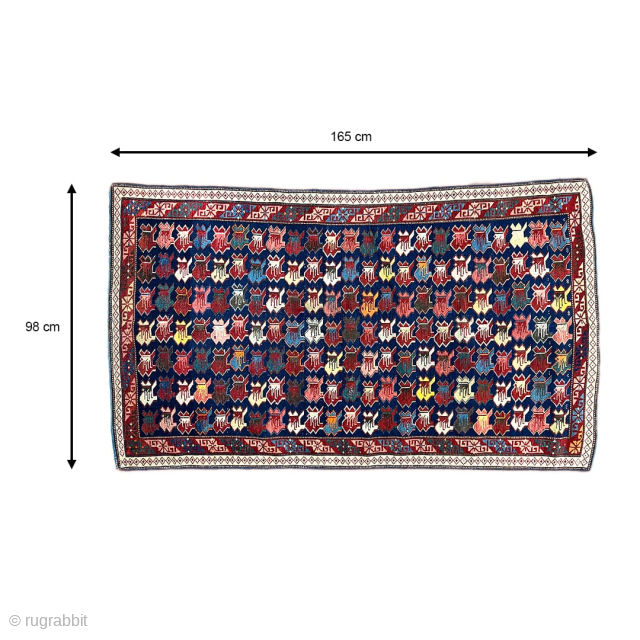 Rare, Beautiful, well proportioned Caucasian Shirwan Zeikhur rug filled with colorful carnations on a deep indigo blue field.
Size is cm 98x165
Datable end of 19th century.
7 rows by 23 each makes 161 carnations  ...