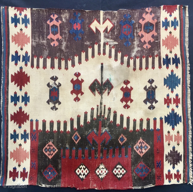 Karakecili kilim fragment.
Western Anatolia.
It "smells" of Turkmen descent....
Cm 80x83
Datable 3rd/4th q of 19th century
Yes, u r right, it needs washing.
Email carlokocman@gmail.com 
See all of my "babies" please: https://rugrabbit.com/profile/580

     