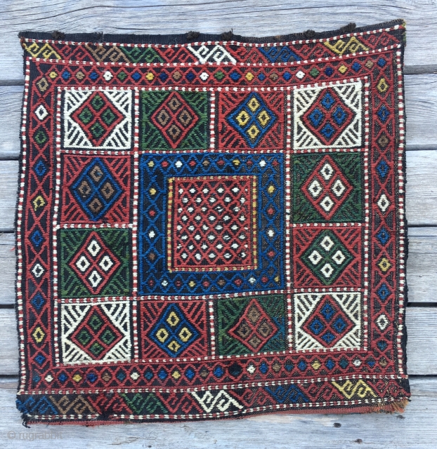 Shahsavan (or? any other attribution?) sumack khorjin bag face. Cm 51x51. 1890/1910. Great, deep, saturated colors. Simple, precise weave & pattern.            